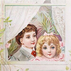 1898 Victorian Lithograph Beautiful Girl And Boy Children In Window DWMM4